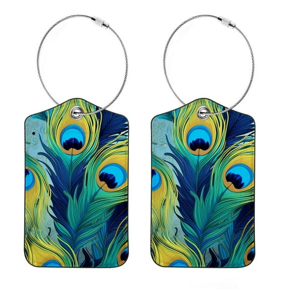Luggage Tag, Travel Tags, Handbag Tag - Square PU Leather 2 Pack with Privacy Cover and Stainless Steel Ring - Suitable for Travel, Backpack, Handbag [Amazon Approved] Peacock Feather