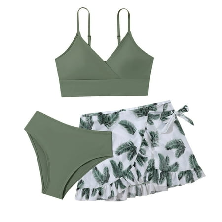 WUANDIXFA Girls Swim Cover Up Swimsuit Girls Swimsuit 3 Piece Bathing Suits Bikini Tankini Set Beach Swimwear with Cover Ups Skirt Green 16Y