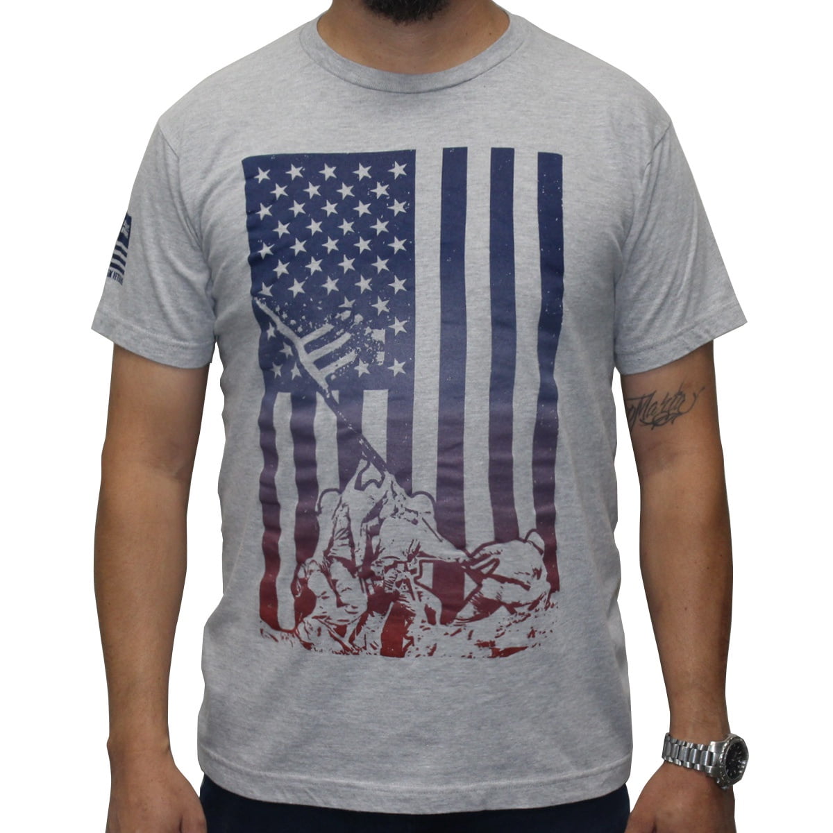 Rags of Honor All Gender Short Sleeve Patriotic Red, White and Blue Gradient Flag with Iwo Jima Soldiers Graphic Tee Shirt, Mens Sizes S-5XL