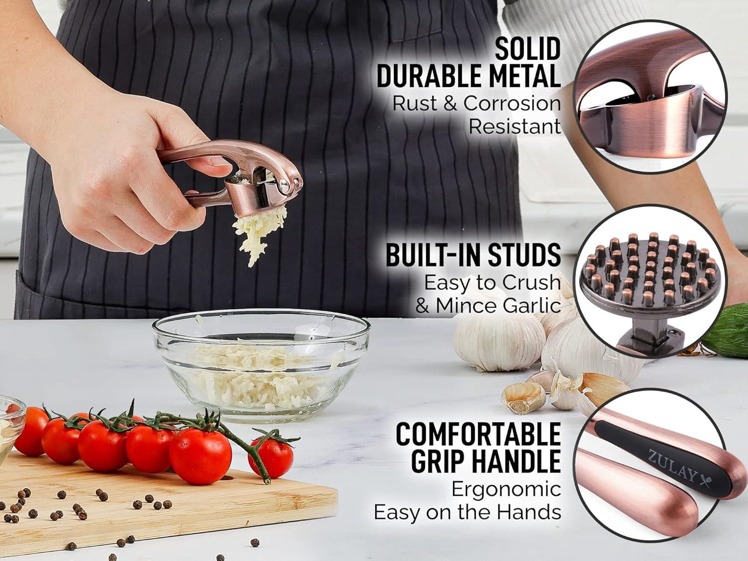 DIANJIE Kitchen Premium Garlic Press Set Rust Proof Professional Garlic Mincer Tool Easy Squeeze Easy Clean Soft Ergonomic Handle Silicone Garlic Peeler Brush Copper