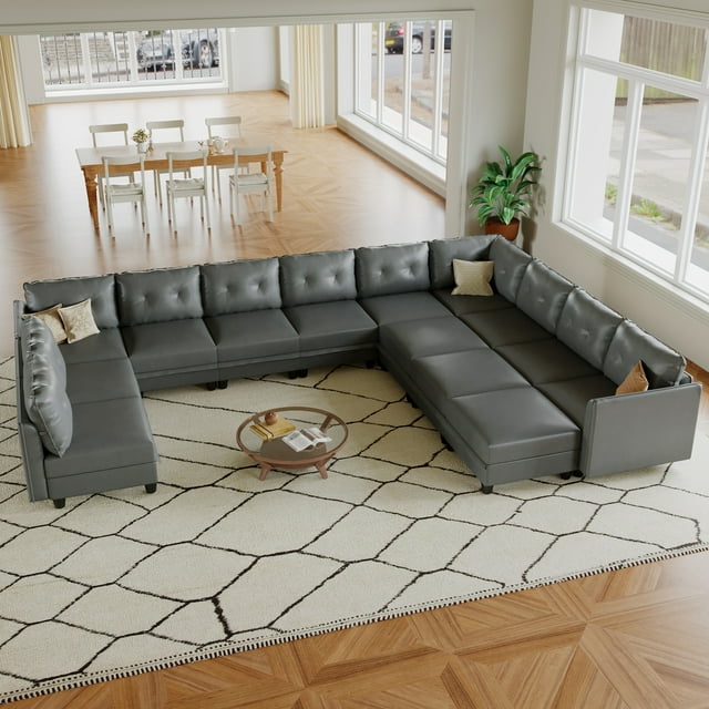 LLappuil Modular Sectional Sofa, 14 Seat Oversized Modular Sectional Sofa with Storage, Faux Leather Waterproof Sofa for Living Room