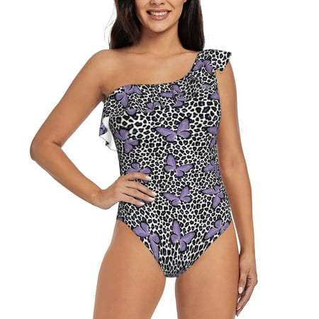 Lukts Purple Butterflies Women One Piece Swimsuits Tummy Control One Shoulder Bathing Suits Ruffle Swimwear-Medium