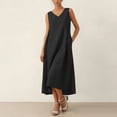 thumbnail image 2 of Vestido Corto para Mujeres Moda de Verano Sólido Cuello en V sin Mangas Bolsillo Plisado Vestido Casual Diario, 2 of 7
