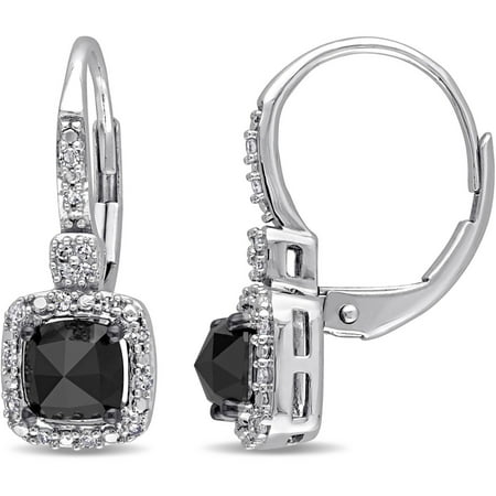 1 Carat T.W. Cushion and Round-Cut Black and White Diamond 14kt White Gold Leverback Halo Earrings