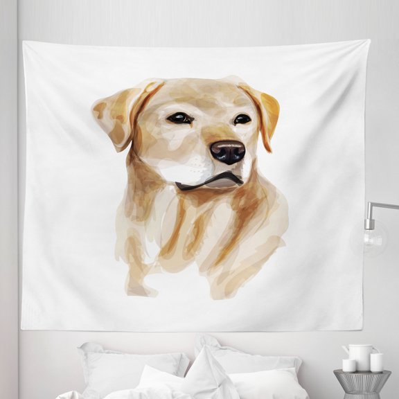 Yellow Lab Tapestry, Digital Modern Illustration of Dog Portrait Watercolor Style, Fabric Wall Hanging Decor for Bedroom Living Room Dorm, 5 Sizes, Camel Pale Brown and White, by Ambesonne