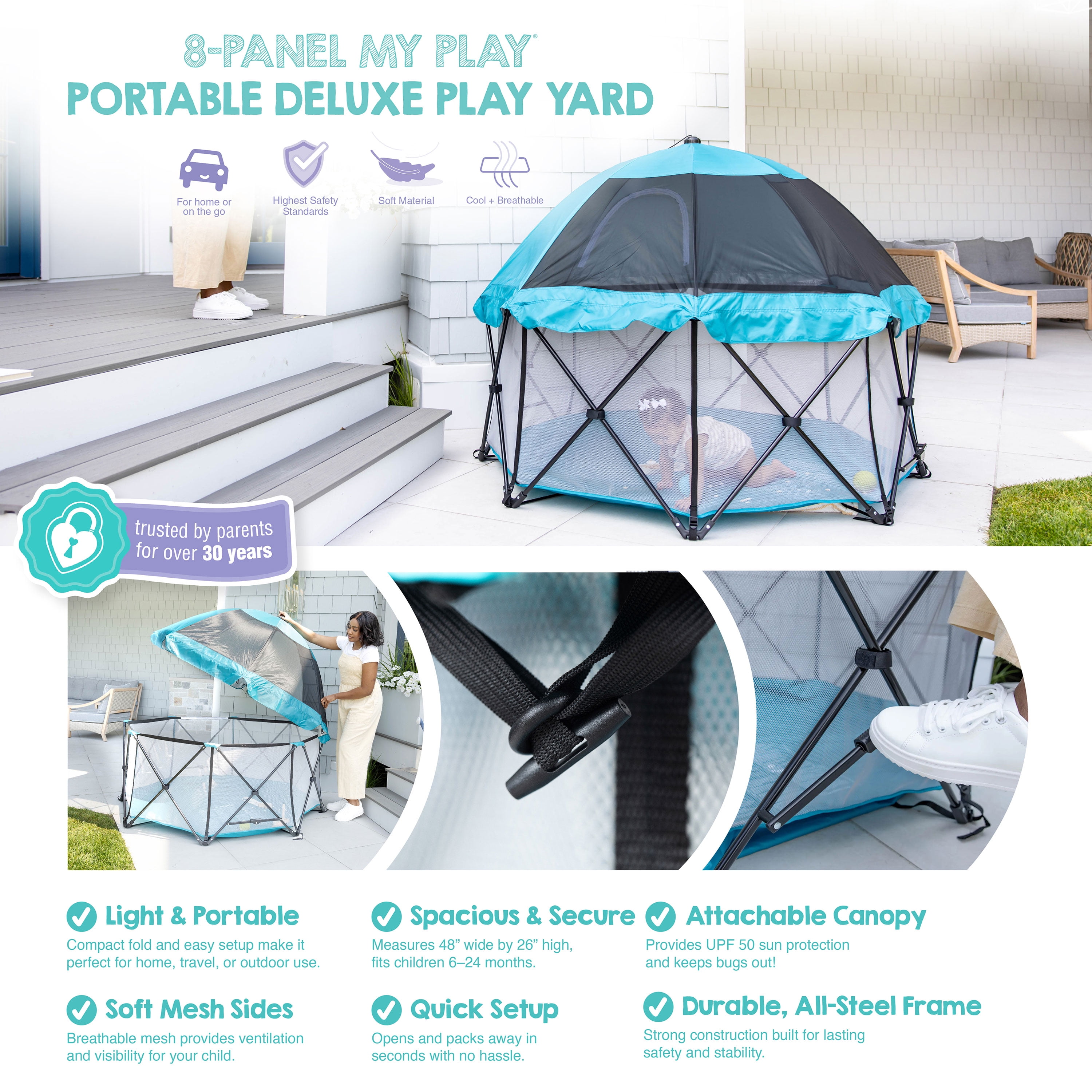 Regalo My Play 8 Panel Foldable and Portable Play Yard with Full UV Canopy, Teal
