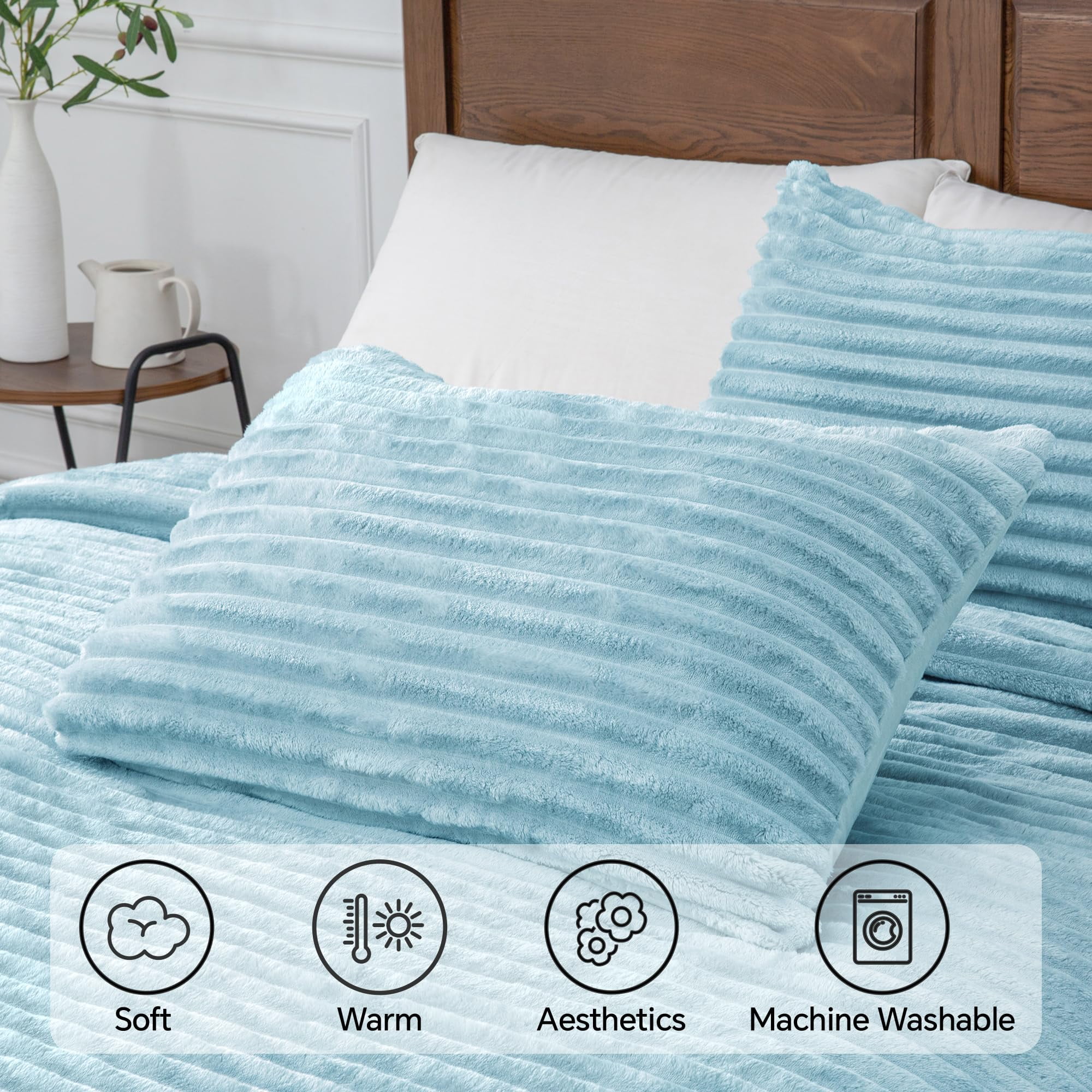 BEDELITE Fleece Queen Comforter Set -Super Soft & Warm Fluffy Light Blue Bedding, Luxury Fuzzy Heavy Bed Set for Winter with 2 Pillow Cases