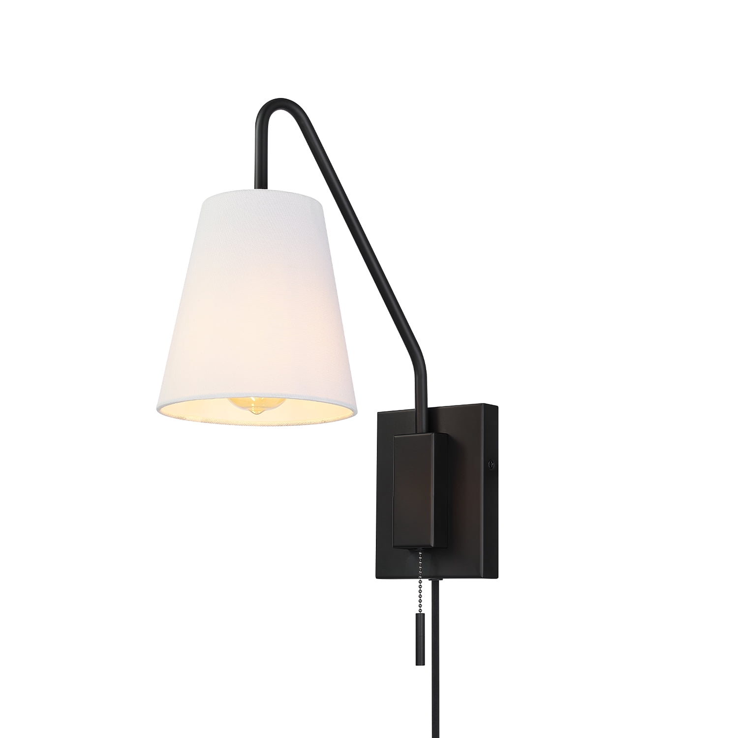 Globe Electric 1-Light Matte Black Plug-in or Hardwire Indoor Wall Sconce, White Fabric Shade