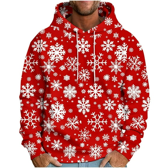 GuangCheng Mens Christmas,Snowflake Printed,Hooded Sweatshirts,Drawstring,Drop Shoulder,Thick Warm Coats,Pullover Hoodies