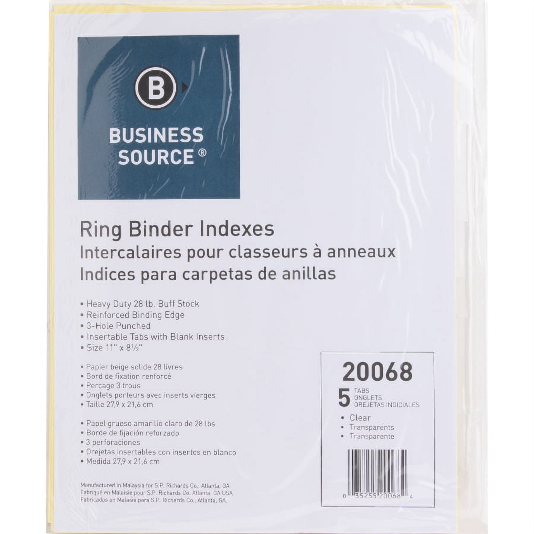 Business Source Buff Stock Ring Binder Indexes - 5 X Divider(s) - Blank Tab(s) - 5 Tab(s)/set2" Tab Width - 8.5" Divider Width X 11" Divider Length - Letter - 3 Hole Punched - Buff Buff Paper Divider