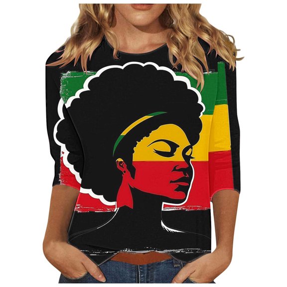 Tbopshirt Black History Womens Tops,Summer Plus Size 3/4 Sleeve Graphic Tees Printed Round Neck,S-XXXL,Black History Month Gifts