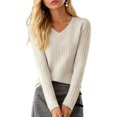 thumbnail image 5 of Cozy Sweaters for Women Casual Long Sleeve Loose V-Neck Knit Solid Color Pullover Tops Beige One Size, 5 of 6