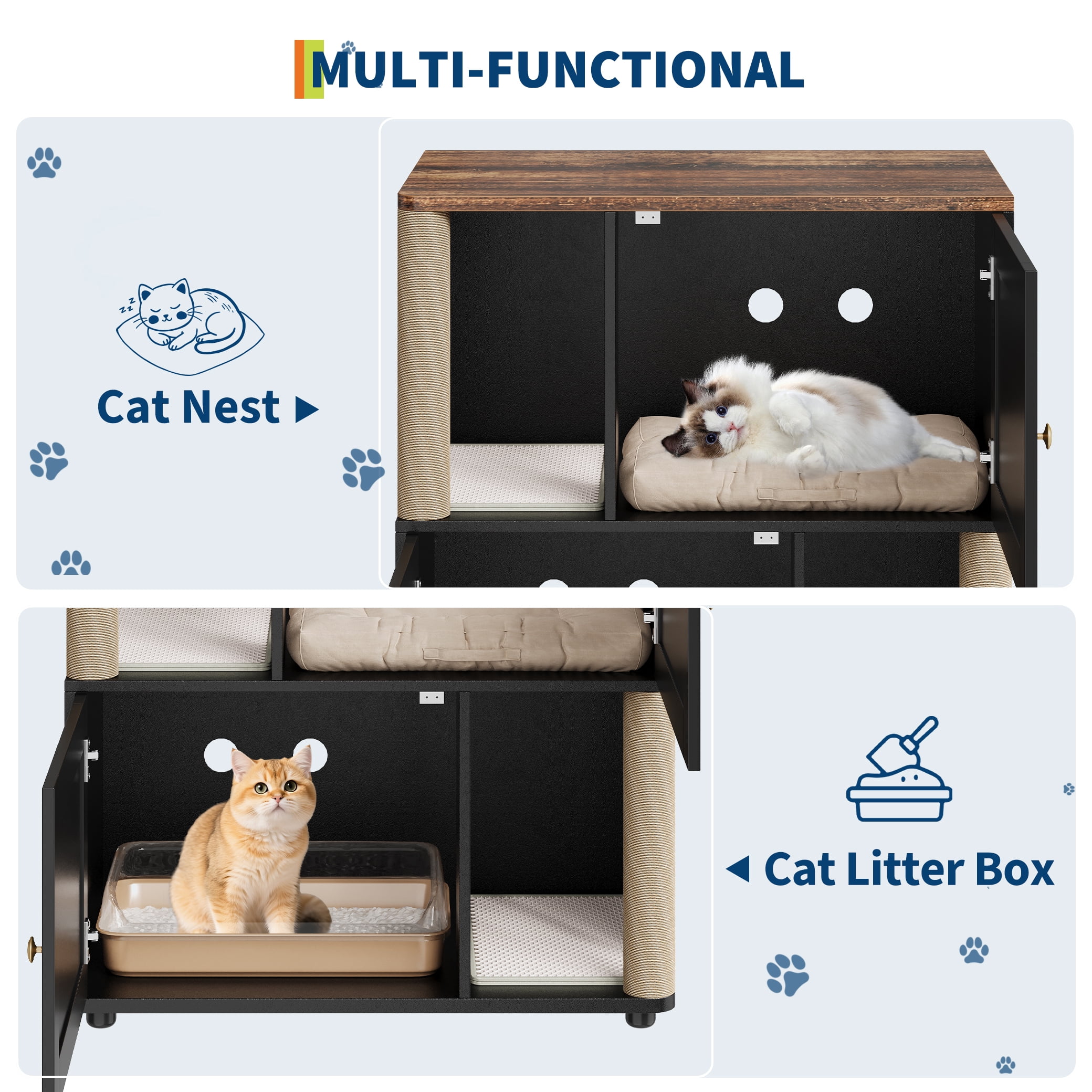 Double Layer Cat Litter Box Enclosure for 2 Cats, Hidden Litter Box Furniture with Cat Scratching Post and Board, 2 Story Wooden Cats Washroom or Bed