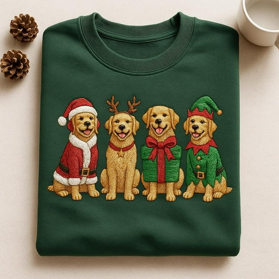 Embroidered Golden Retriever Christmas Sweatshirt, Santa Reindeer Elf Dog Tee, Cute Retriever Winter Holiday Pet Lover Gift Hoodie