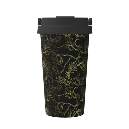 

Susaid Gold Gloss Outline Floral Print Coffee Travel Mug Insulated Coffee Mug with Lid Leakproof Coffee Thermos Coffee Tumbler for Hot&Cold Drinks