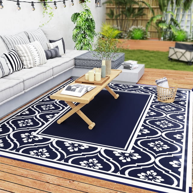 Outsunny 8' x 10' Reversible Outdoor Rug, Gourd Border, Blue, White