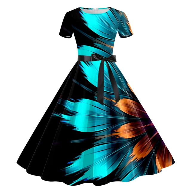 WILLBEST Robe de Soirée Femme Imprimée Col Rond Manches Courtes Années 1950 Soirée Bal