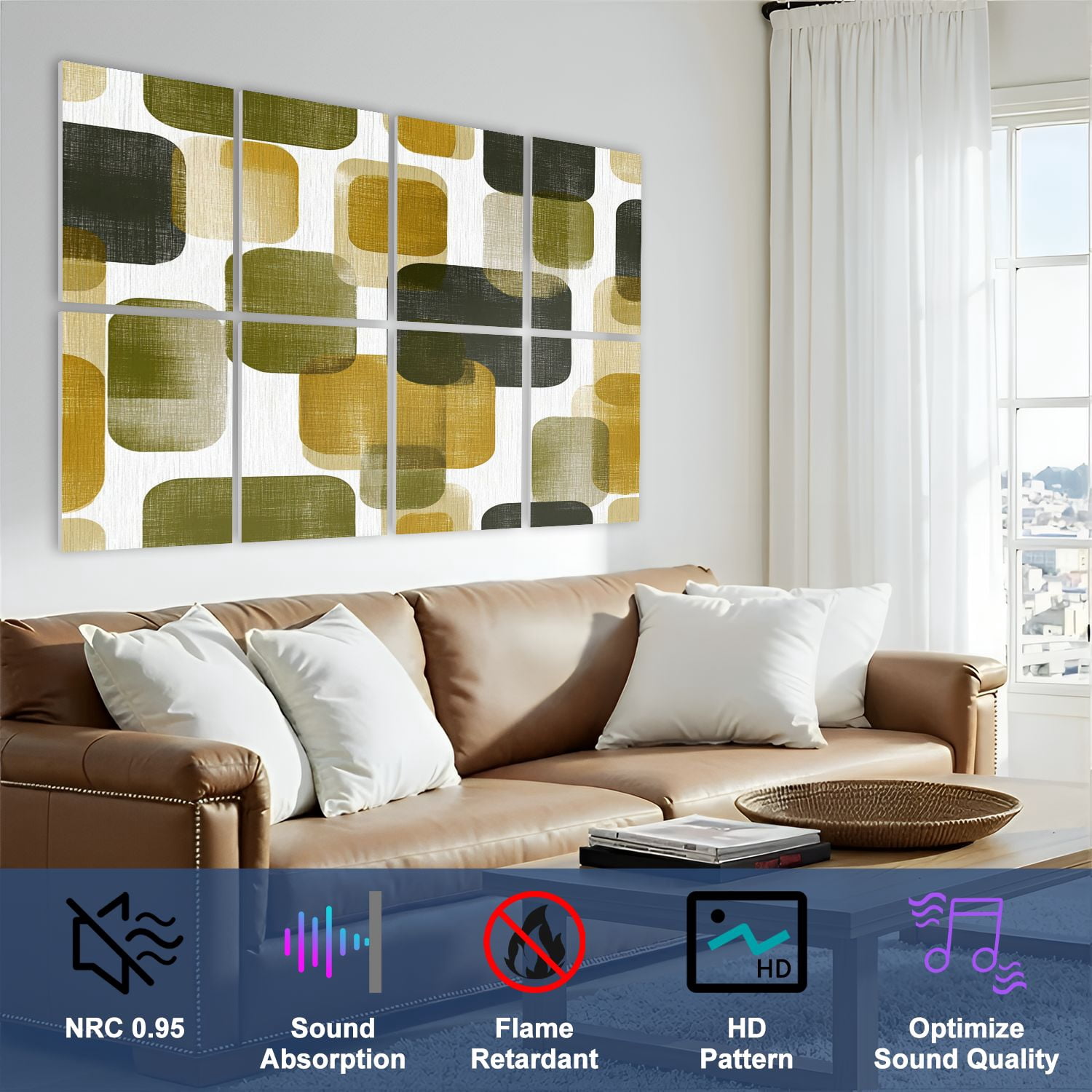 8 Pack Art Acoustic Panels Sound Absorbing Abstract Geometric Green Decorative Soundproof Wall Panels Self Adhesive for Nursery Game Room Bedroom 48"x32"