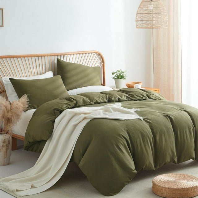 Nayoroom Housse de Couette en Coton Lavé Ultra Doux Vert Olive 3 Pcs, Respirante pour Toutes les Saisons et Sensation Organique pour la Déco de Chambre, Format Grand Lit