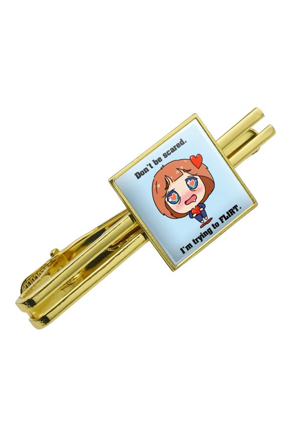 Don't Be Scared I'm Trying to Flirt Kawaii Chibi Heart Square Tie Bar Clip Clasp Tack- Silver or Gold