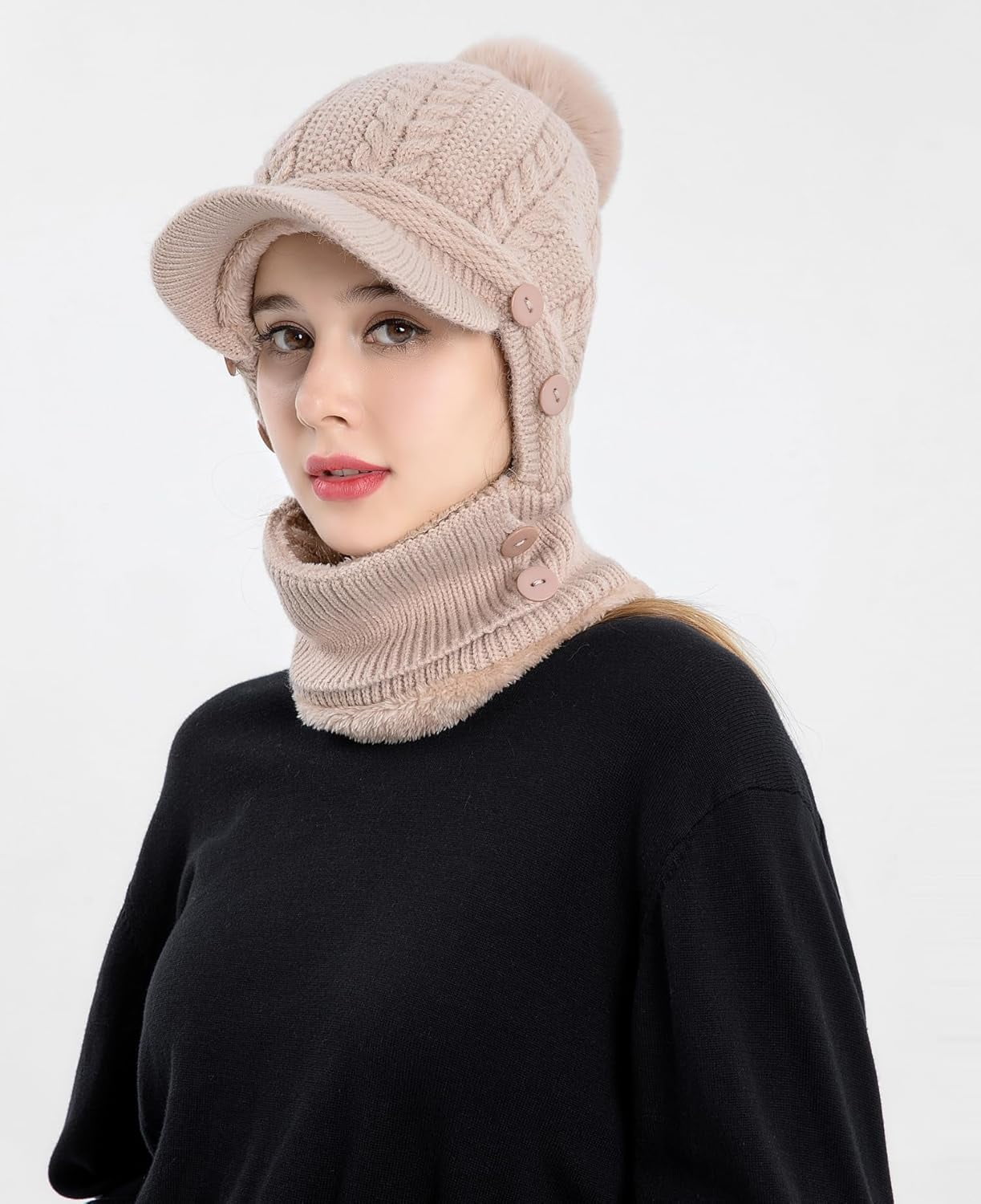 Zhengup Women Winter One Piece Beanie Hat Slouchy Fleece Balaclavas Face Mask Neck Scarf Set Earmuff Ski Snow Knit Hats