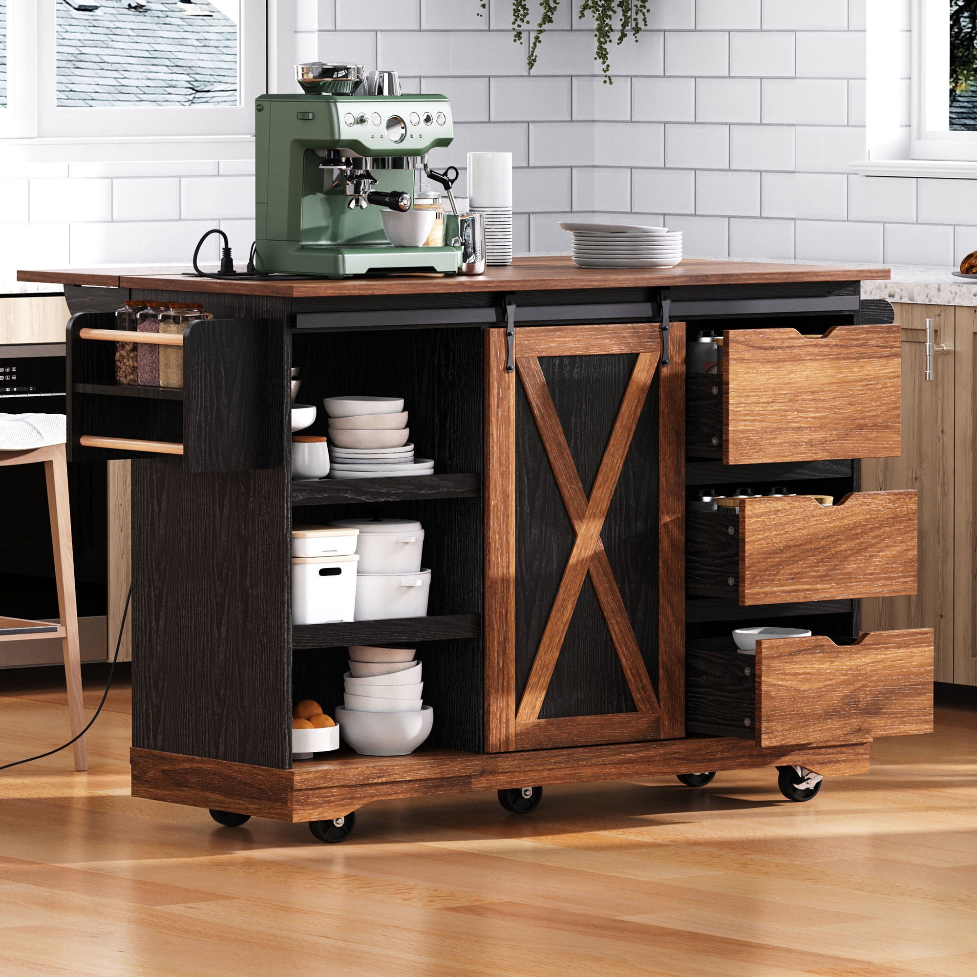 Euroco Farmhouse Kitchen Island with Drop Leaf, Charging Station, Storage Cabinet & Drawers, Rolling Kitchen Cart with Barn Door – 55.5''W