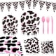 thumbnail image 4 of Vajilla de fiesta de cumpleaños con diseño de vaca negra y rosa, decoración con globos triangulares, suministros desechables para fiestas de cumpleaños, 4 of 5