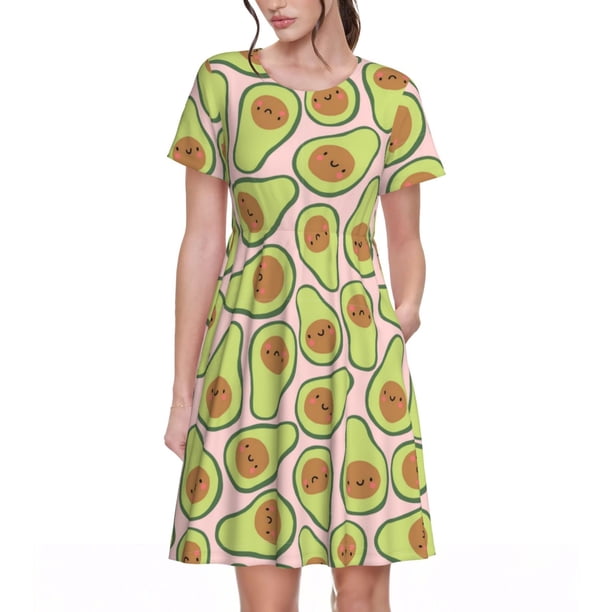 Disketp Cute Avocado para Vestido de Manga Corta para Mujeres, Vestidos de Verano para Mujeres, Casual y Holgado para la Playa