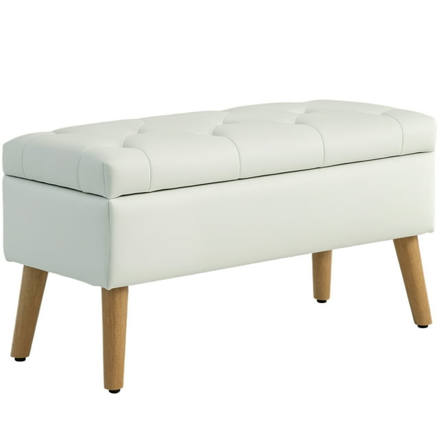 HOMCOM Banc Ottoman Rembourré avec Rangement avec Pattes en Bois, Blanc Crème