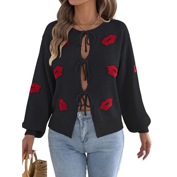 Women Jacquard Pattern Crew Neck Front Self Tie Cutout Lantern Long Sleeve Loose Knit Sweater Black XL