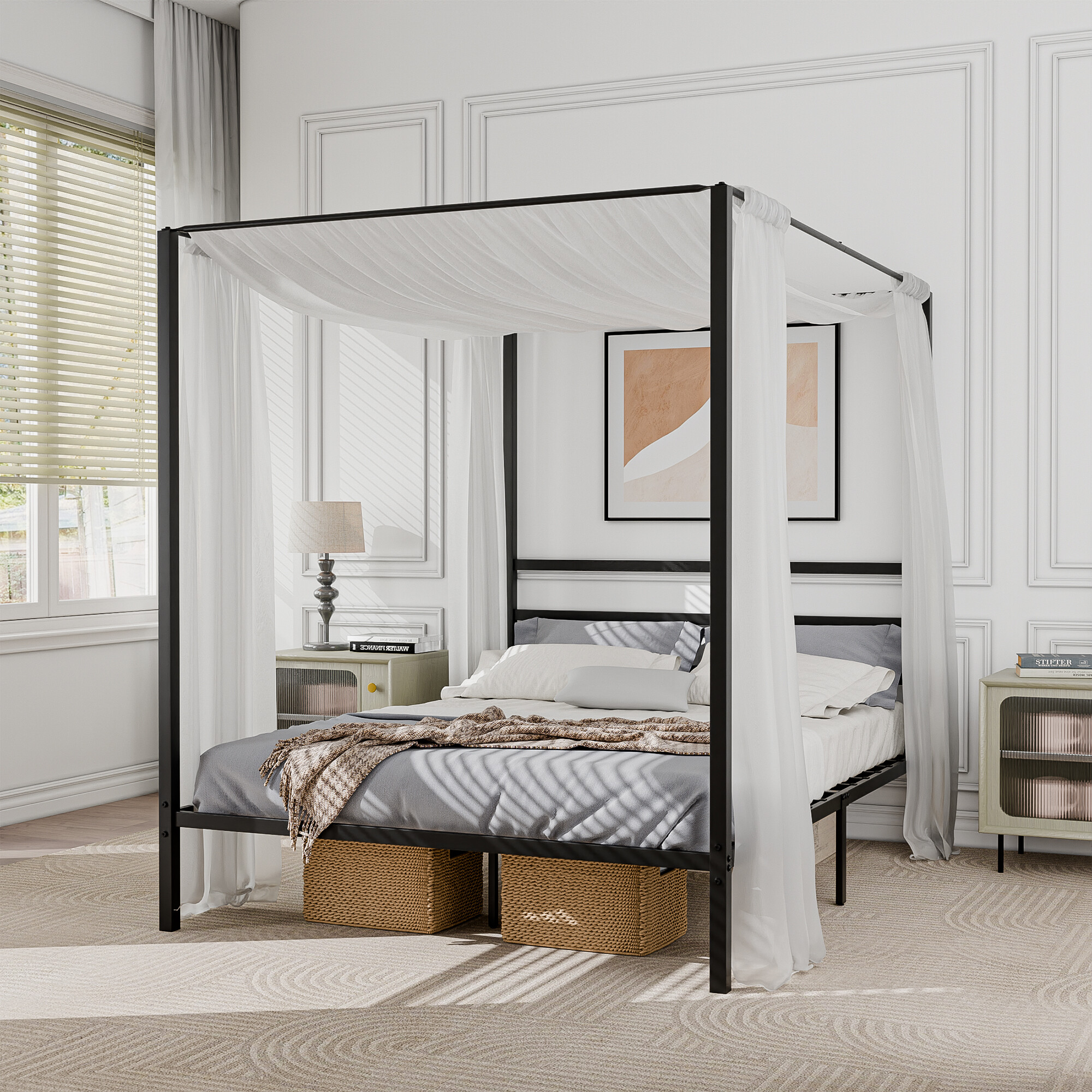 ZENY 14 Inch Platform Built-in Headboard Sturdy Metal Frame Canopy Bed Frame with Four Posters, Black Queen Size