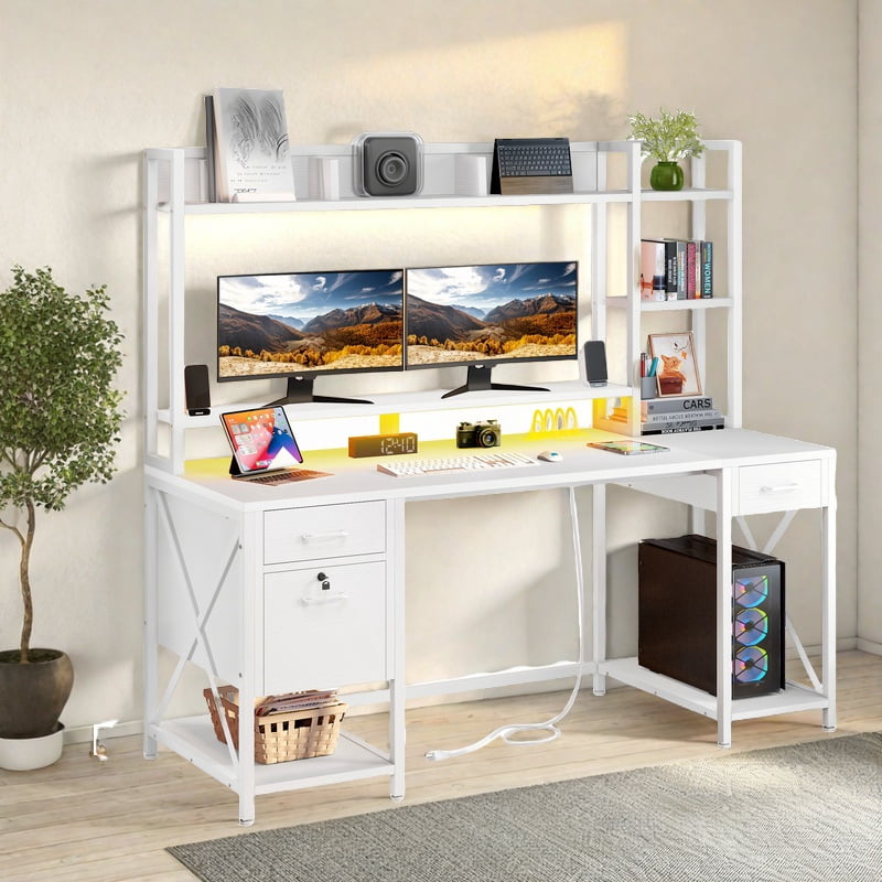 Uforic Computer Desk with Hutch& Led Light, Gaming Desk with Power Outlets, Home Office Desk, White