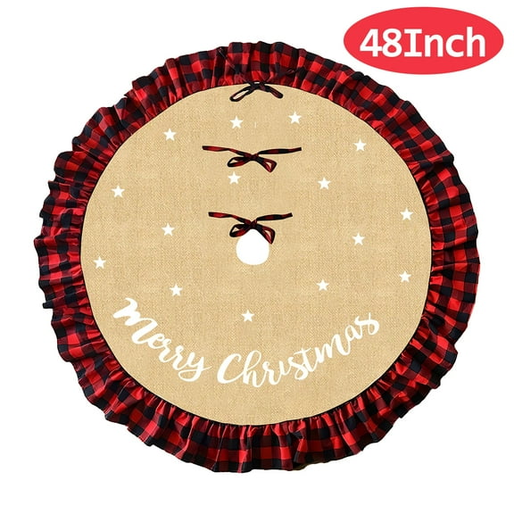 Christmas Tree Skirt Burlap with Buffalo Plaid Edge Decoration for Merry Christmas Party Christmas Decorations Indoor Outdoor 48"