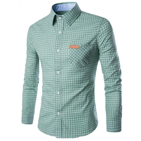 Young Horse Men Button Down Shirts Classical Causual Grid T-Shirt Color:Green
