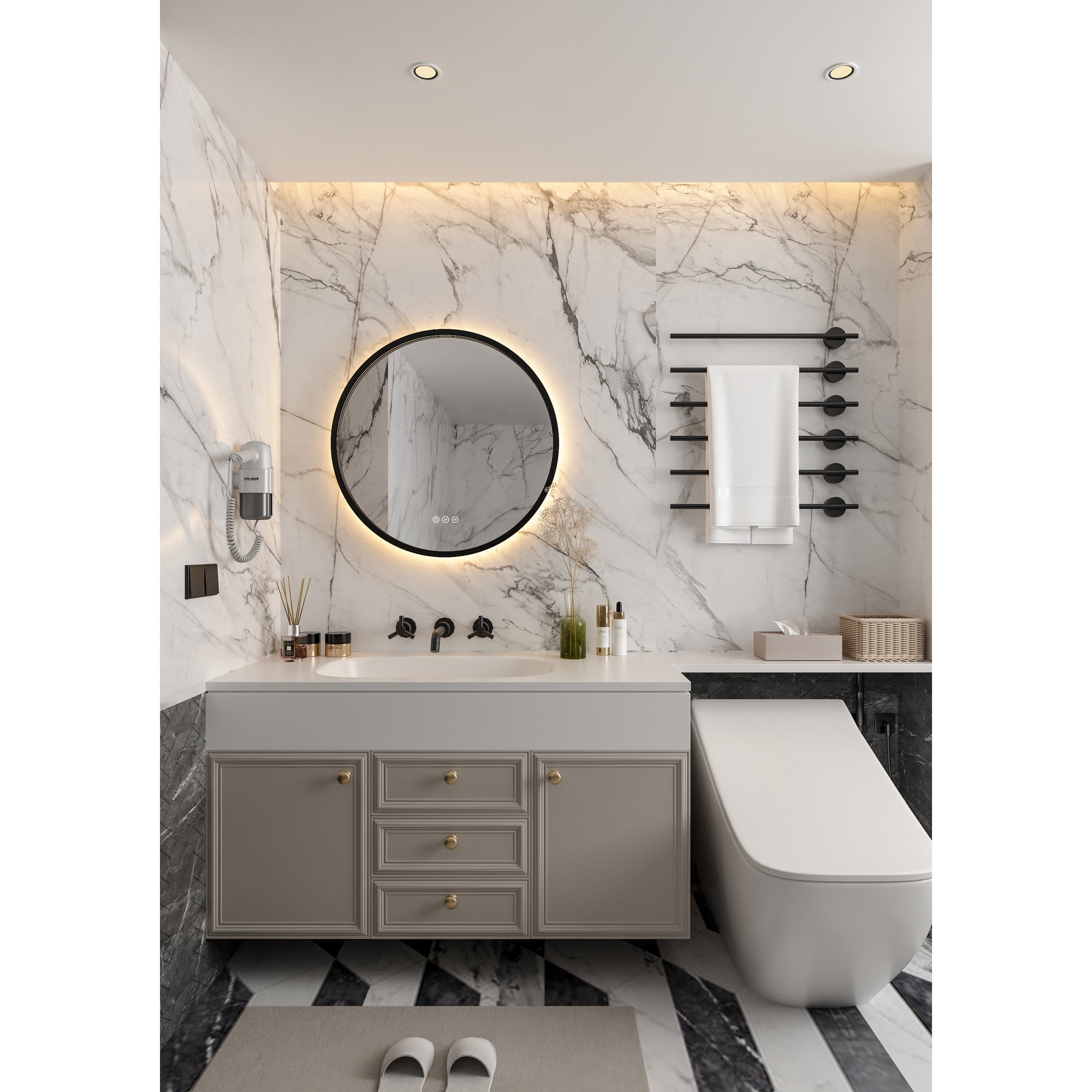 Kingston Brass MR1012424 Aurora 24-Inch Round LED Bathroom Mirror, Front and Back Light, Dimmable Touch Sensor Lighted Mirror in Silver/Gunmetal