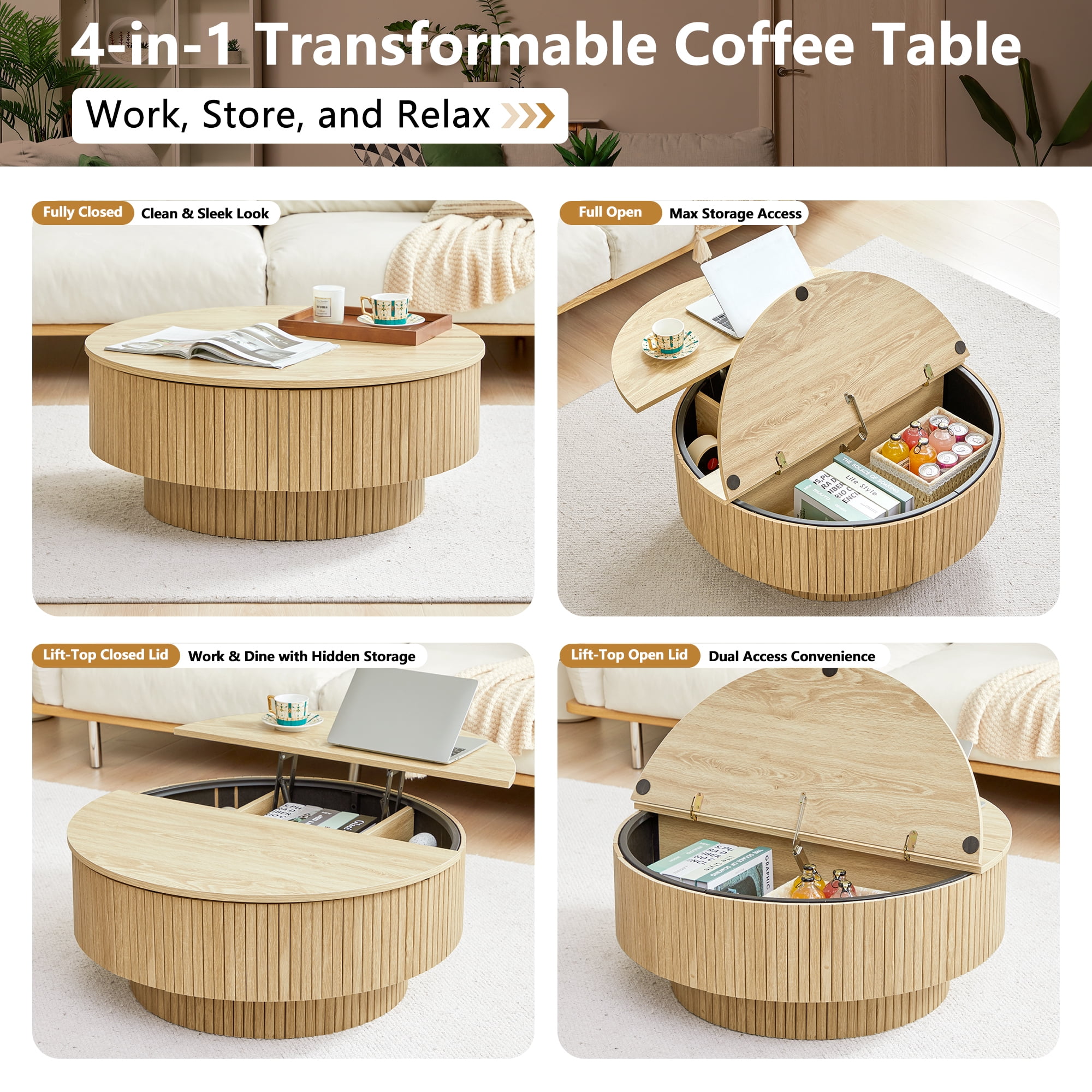 PHOYAL 4 in 1 Fluted Round Coffee Table with Flip Top and Lift Top, Round Coffee Table with Hidden Compartments Storage for Living Room, Natural