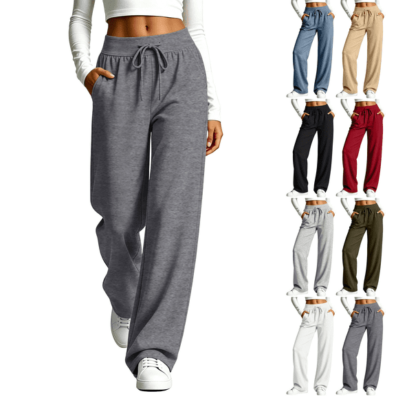 Wide Leg Sweatpants for Women Fall Fashion Double Waisted Baggy Drawstring Lounge Pants with Pockets Comfortable Loose Jogging