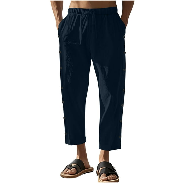 hotojiny Mens Cotton Linen Pants Elastic Waist Drawstring Summer Cropped Trousers Loose Fit Side Button Beach Pants with Pockets