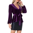 thumbnail image 4 of BLUSA DE VELVET CHIC INSPIRADA para Mujeres con Cuello en V, Manga Larga, Cintura con Corbata y Hemo Peplum M Púrpura, 4 of 5