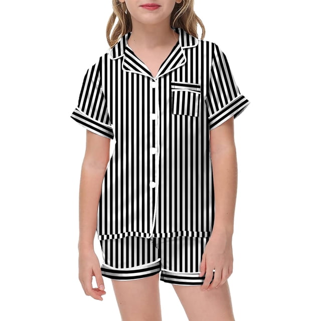 WEAIXIMIUNG Pyjama Rayé Imprimé pour Filles Manches Courtes Bouton Haut Shorts Ensemble de Pyjama Maison 160