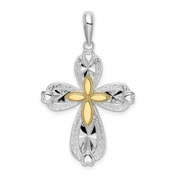 Finest Gold 14K Sterling Silver TWo-Tone Diamond-Cut Heart Cross with Accent Pendant