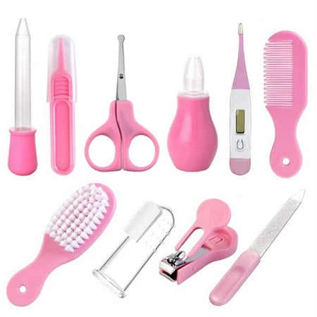 NOGIS Baby Healthcare Kit Baby Safety Set Baby Comb Brush Finger Toothbrush Nail Clippers Scissors Nasal Aspirator Baby Essentials Nursery Care Kit (Pink)