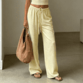thumbnail image 2 of Morttic Women's Solid Color Drawstring Elastic High Waist Loose Wide Leg Pants with Pockets Beach Vacation Lounge Pants Yellow，L, 2 of 6