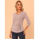 thumbnail image 3 of Top acanalado Allegra K de decoración de botones con cuello en V y mangas 3/4 Beige, 3 of 5