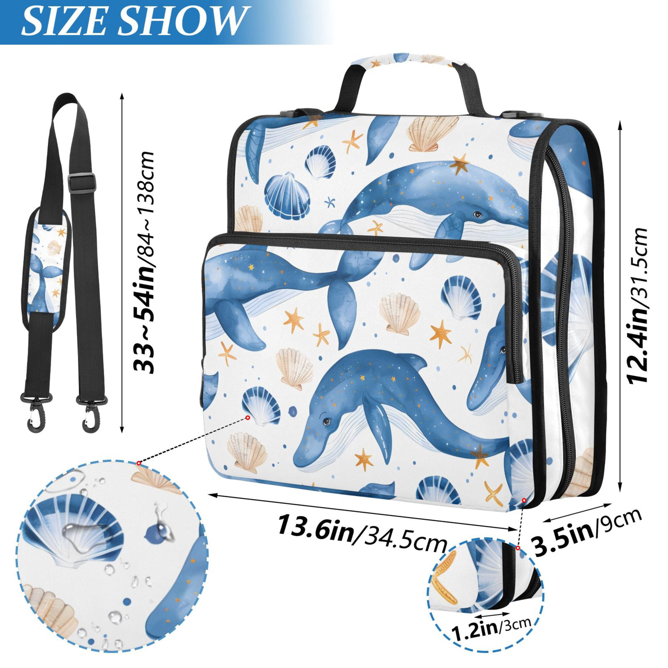 3 Ring Zipper Binder with Shoulder Strap Waterproof Trapper Keeper 2 Inch D-Ring 500 Sheets Capacity Blue Whales Seashells Stars