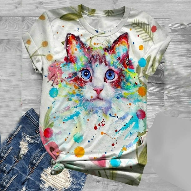 Puntoco Tallas grandes Mujer Manga corta 3D Animal Impreso O-cuello tops Camiseta Blusa Puntoco Puntoco-6115
