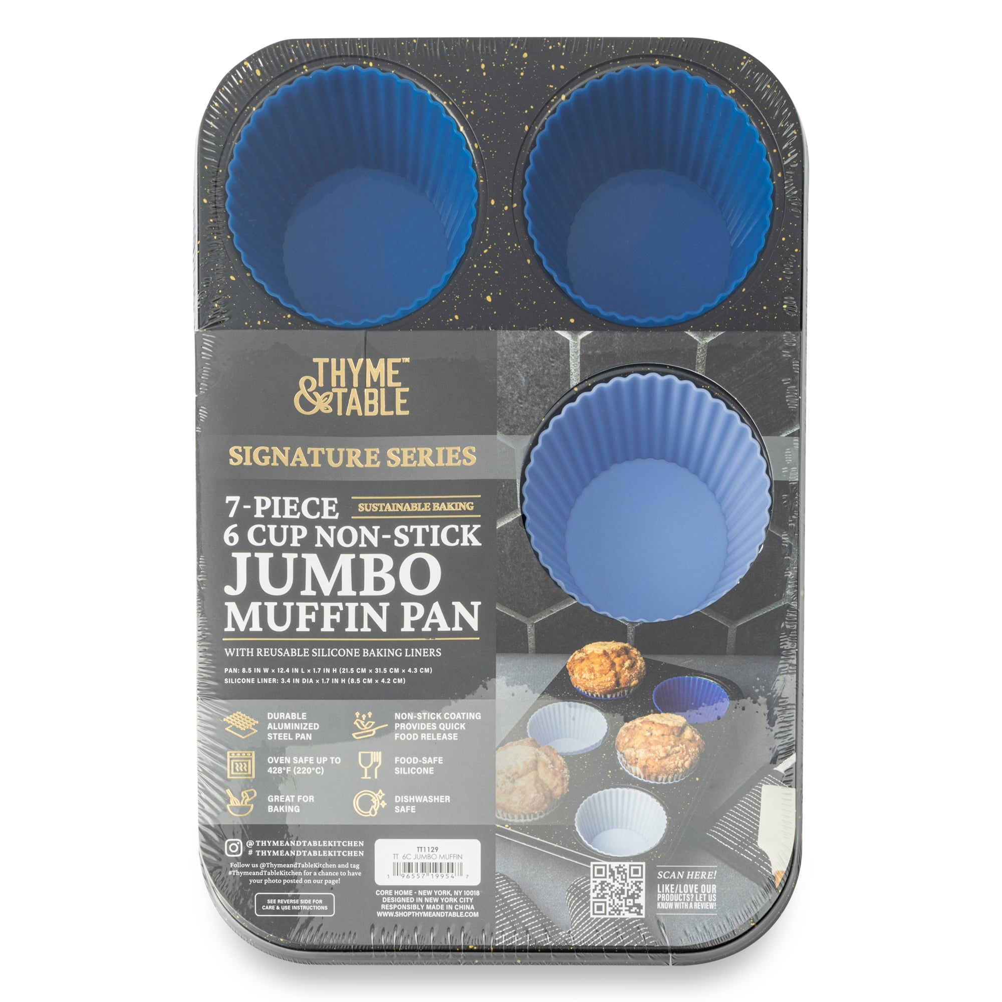 Thyme & Table 6 Cup Non-Stick Jumbo Muffin Pan, 6 Silicone Liners - Black
