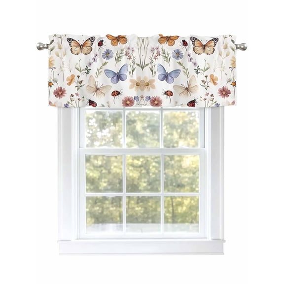 Spring Pastoral Botanical Curtain Valances for Windows, Farmhouse Butterfly Floral Kitchen Valance Window Treatment, Light Filtering Block Curtains for Bathroom/Bedroom/Living Room 42'' x 12''