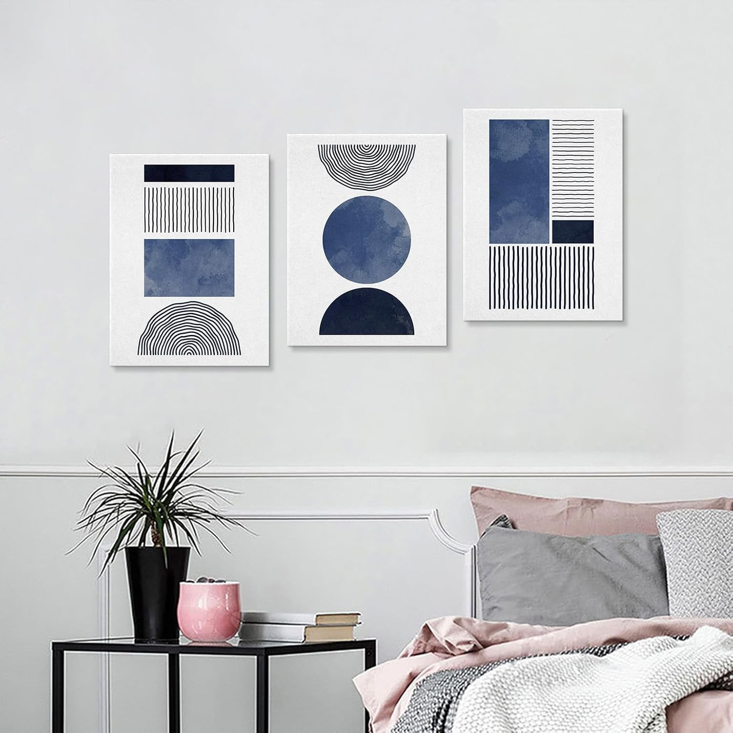 Black Blue and White Wall Art Canvas Set Mid Century Boho Pictures Modern Geometric Wall Decor Minimalist Bohemian Abstract Painting Artwork for Living Room Bedroom Office 12" x 16" x 3Pc