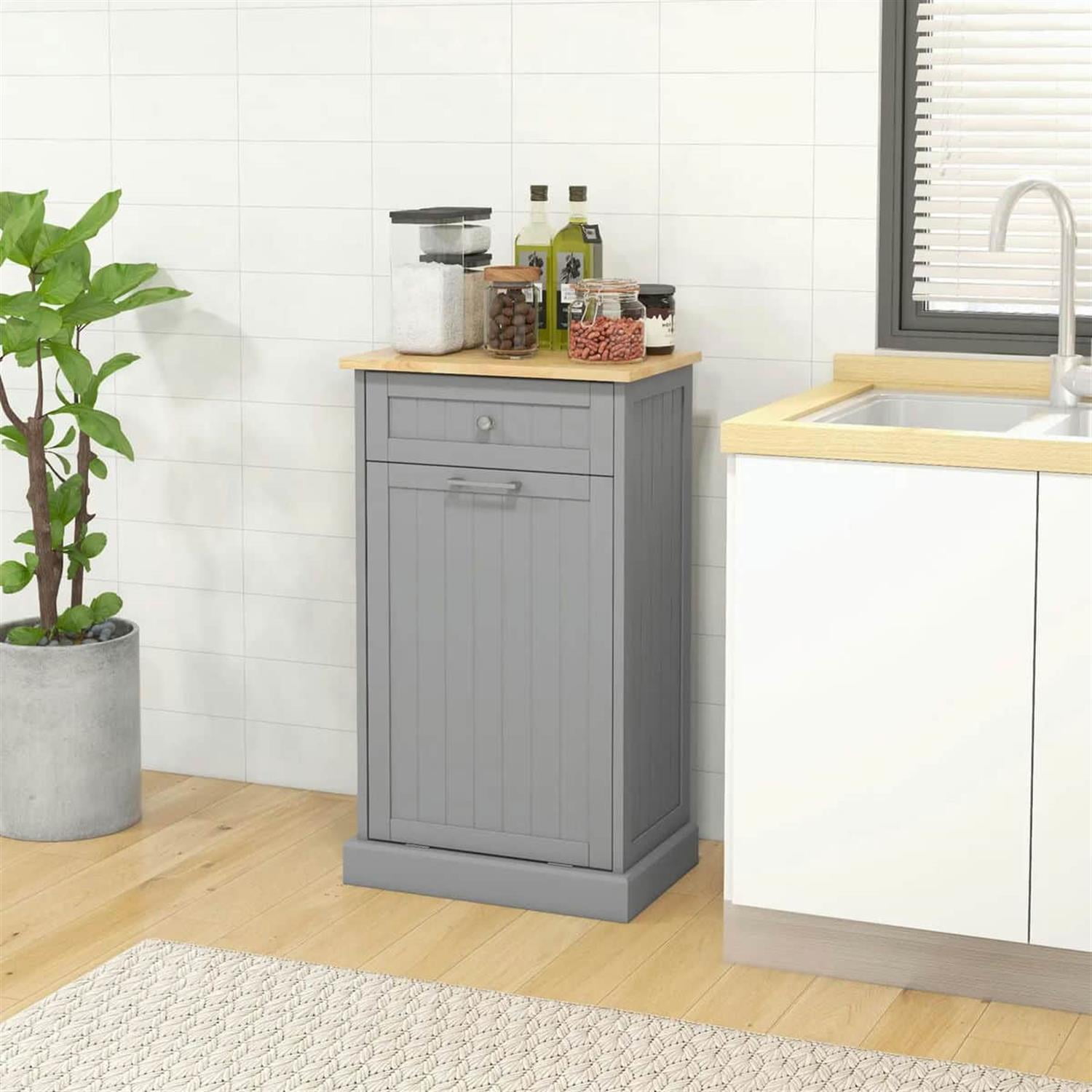 Demi Bonn 35" Kitchen Tilt-Out Trash Bin Cabinet Standalone Recycling Bin Holder with Drawer for Modern Kitchen, Gray